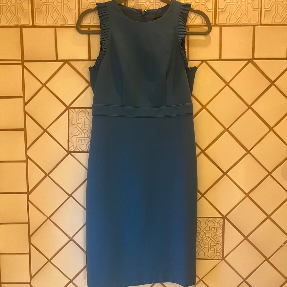 ann taylor blue sleeveless midi dress with pleated details